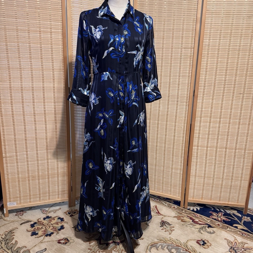 Banana Republic 2 Petite Blue Shirt Dress Button Preppy Midi 3/4 Sleeve FitFlare - Picture 3 of 13